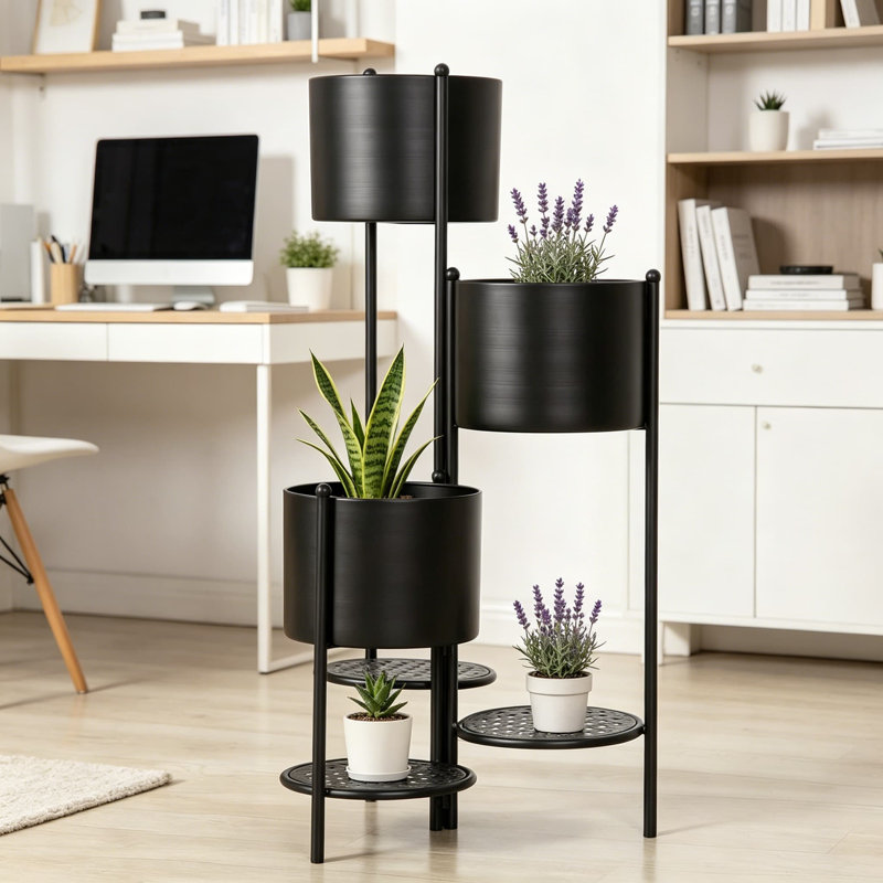 Support à plantes à 6 niveaux avec pots et tablettes intégrés, support à fleurs autoportant en métal pour le rangement décoratif intérieur et extérieur