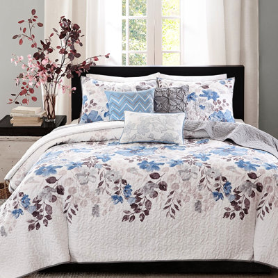 Édredon très grand / très grand, 6 pièces, bleu, motif floral à l'aquarelle, tissu réversible à lisse, coussins décoratifs imprimés très grand bleu, thème de l'œuvre d'art, réversible, microfibre, broderie