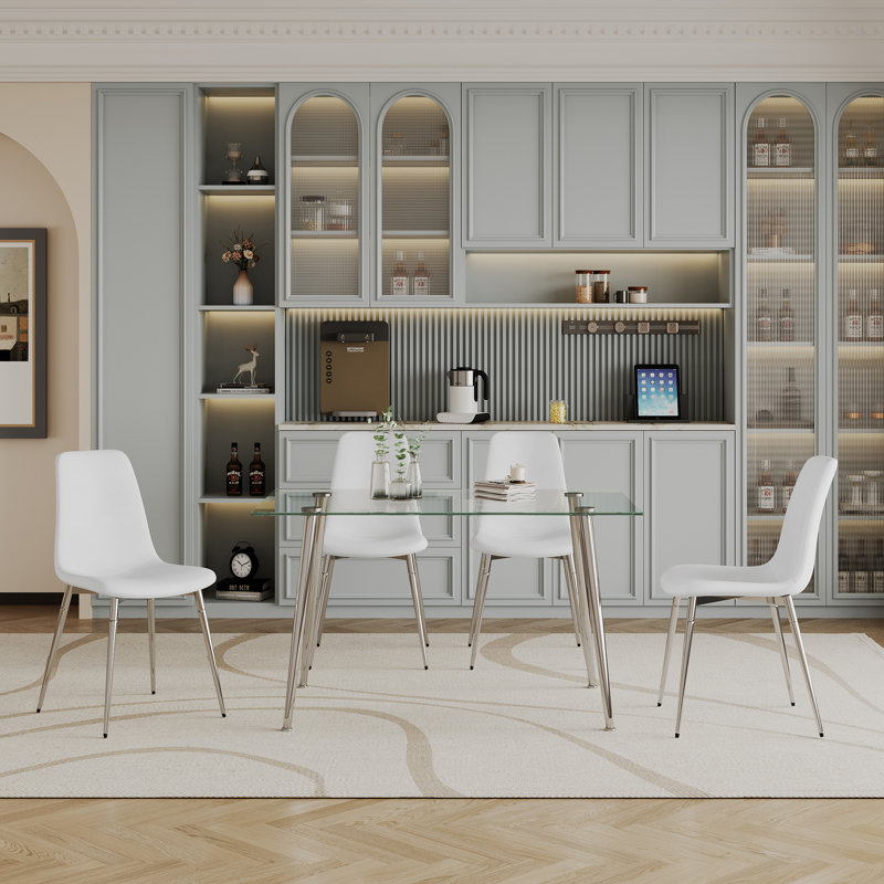 Glass Top Four Leg Dining Set, White/Silver, 5 Pieces: Table, 4 Chairs, 29.5" H x 31.4'' L x 51.2'' W