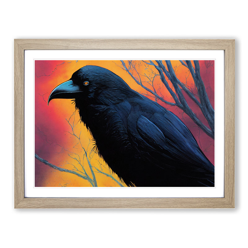 Beaming Raven Bird - Framed Print, 46cm H x 64cm W x 2cm D, Oak