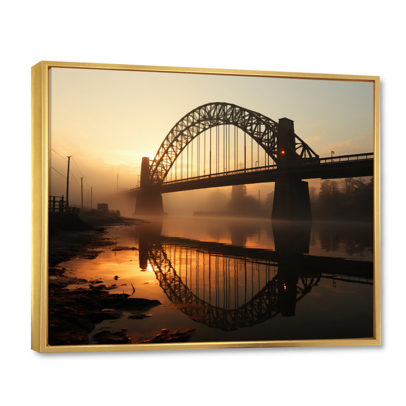 Orange Bridge At Dawn - Architecture Wall Decor, H 16 po x l 32 po x P 1 po, Cadre flottant doré