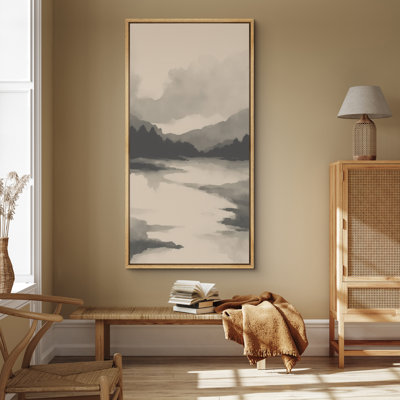 Soft Sepia Mountain Lake Framed Canvas Wall Art - Serene Nature Landscape for Rustic or Contemporary Interiors
