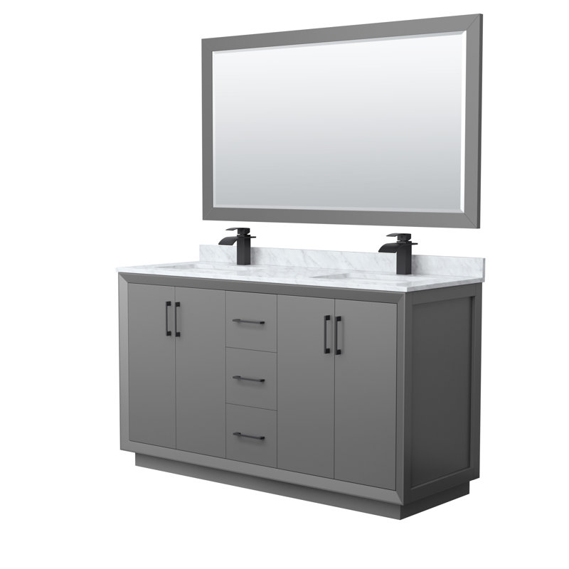 60'' Double Bathroom Vanity with Genuine Marble Top, Dark Grey, Black