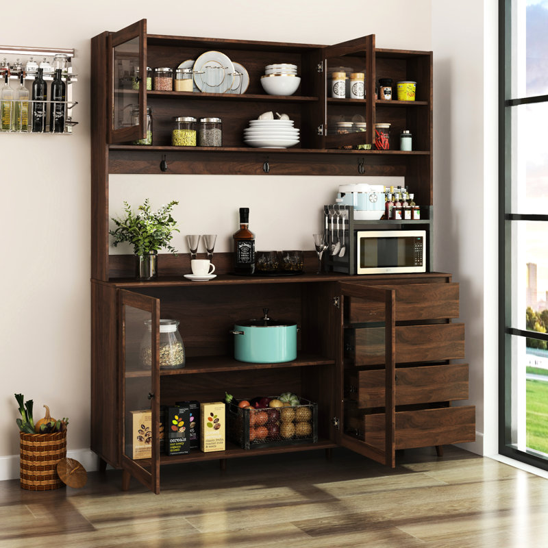 63" W Walnut Kitchen - 4 Door, Drawer & Microwave Shelf Pantry Versatile Cabinet For Kitchen, Garage, Office Particle Board With Doors, Drawers, And Spacious Storage Reception Made Of