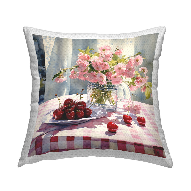Pink Blossoms & Cherries Outdoor Printed Pillow by RB