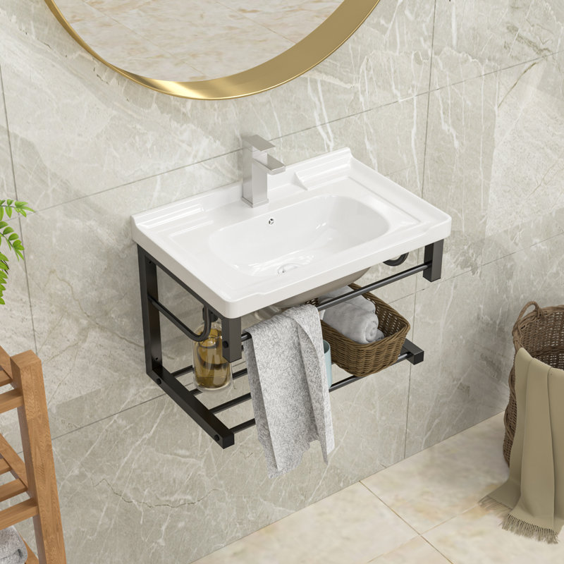 23.75" L x 15.75" W Wall Mounted Bathroom Sink with Towel Rack White Ceramic Bathroom Wall Hung Sink