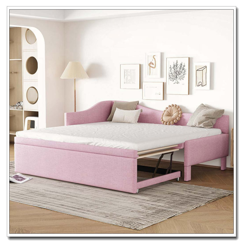 Upholstered L-Shaped Upholstered Daybed with Pop Up Trundle, Pink