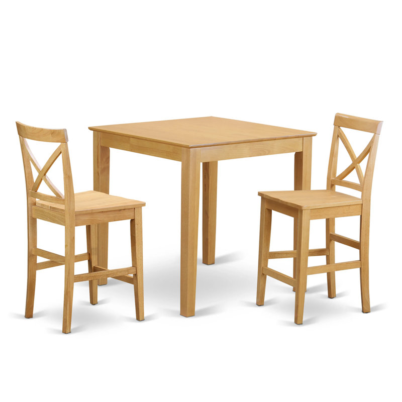 3 Piece Counter Height Dining Set for Small Spaces Contains a Square Wooden Table and 2 Kitchen Chairs, Oak, Oak