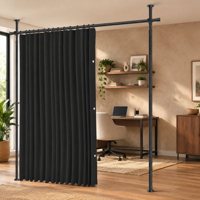 This no-drill room-divider set includes a black 106" W x 84" L curtain plus adjustable pole brackets with a 35-100" W x 43-120" H range.