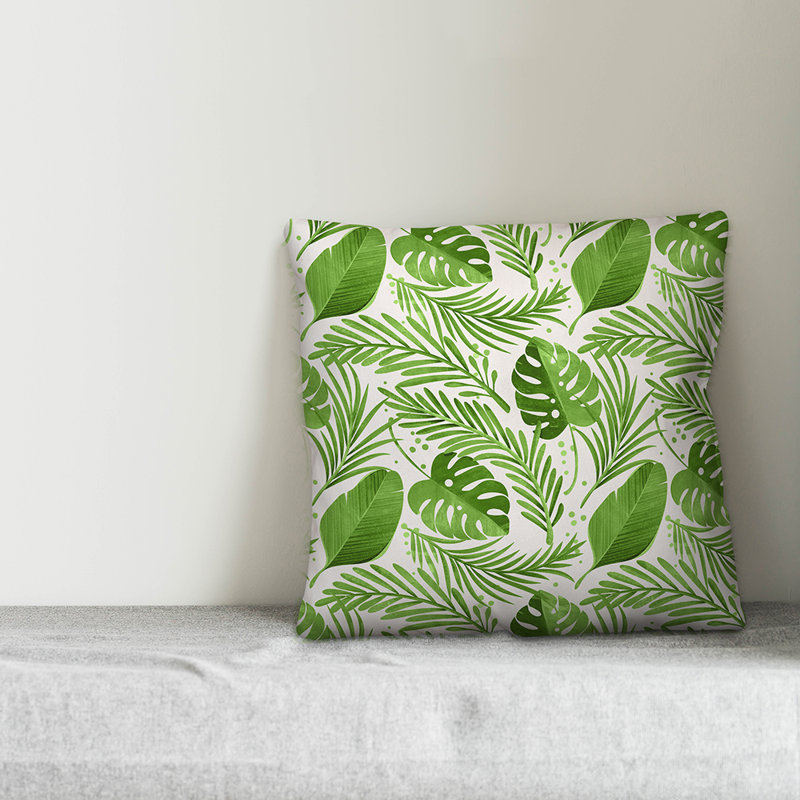  Coussin décoratif intérieur / extérieur Coastal Leaves, 20 po x 20 po, Blanc cassé / vert pâle, Pas de bourre