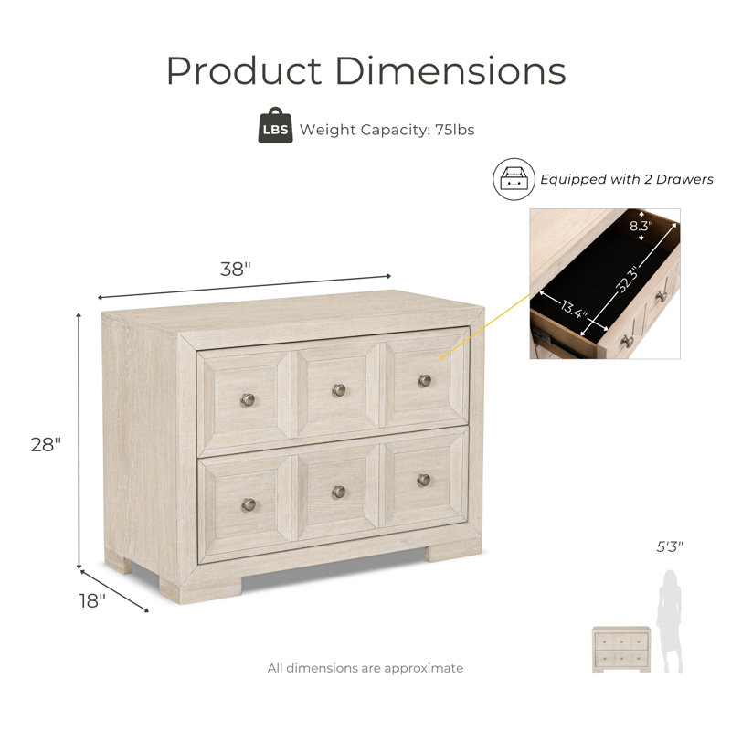 Schell 38"W 2-Drawer Wood Nightstand, Beige