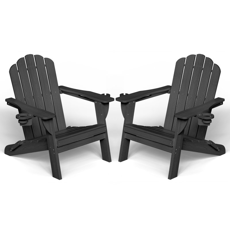 Oversize Foldable Adirondack Chair HDPE Weather-Resistant Firepit Chair With Cup Holder, Black