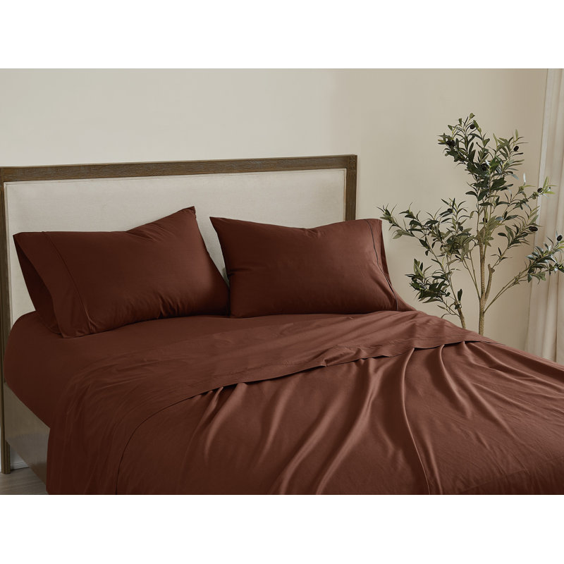  Ensemble de draps 100% coton 200 fils Classic, Ensemble de draps pour très grand lit avec 2 taie, Brun