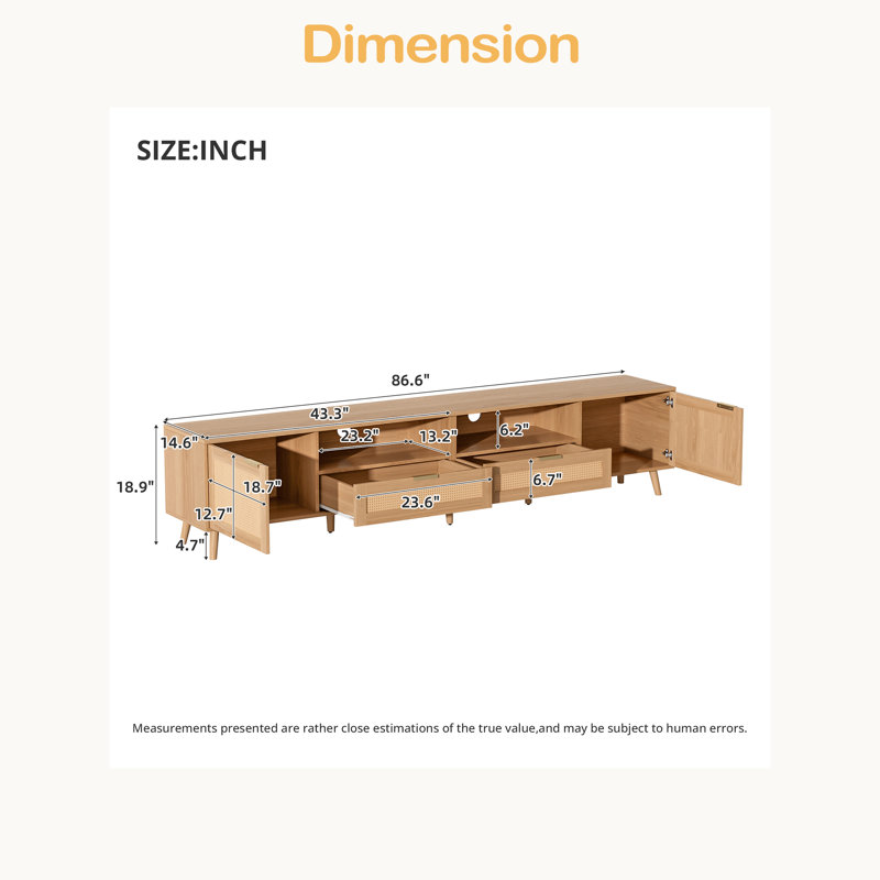 Meuble télé en rotin pour téléviseur de 90 po ou moins, console multimédia de style campagne moderne, centre de divertissement avec pieds en bois massif