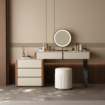 Ensemble de coiffeuse moderne avec miroir et tabouret à DEL, ensemble de bureau de maquillage en cuir de selle, acier inoxydable, panneau de roche, tiroirs de rangement pour la coiffeuse de la chambre à coucher