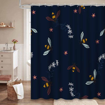 Honey Bee Flowers Dark Tone Navy Shower Curtain with 12 Hooks