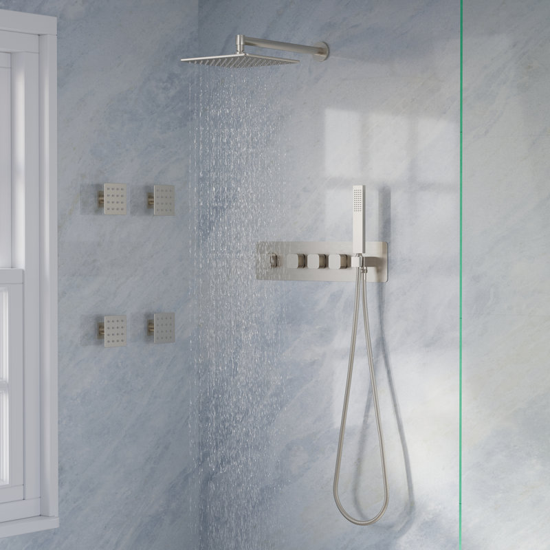 Thermostatic Shower System With 10" Ultra-Thin Square Shower Head,Body Jets And Hand Shower, Brushed Nickel