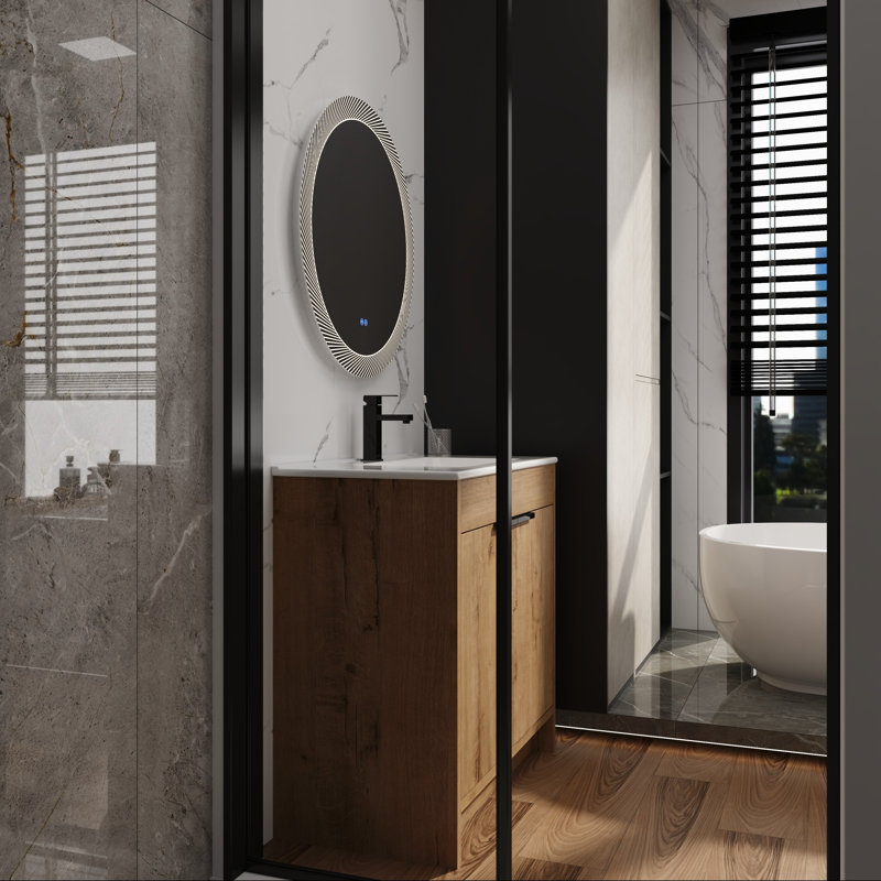 Meuble-lavabo 36 po en céramique blanche avec portes à fermeture en douceur, Imitation chêne