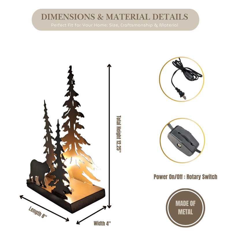 Metal Table Lamp Bear Silhouette Rustic Cabin Lodge Forest Style