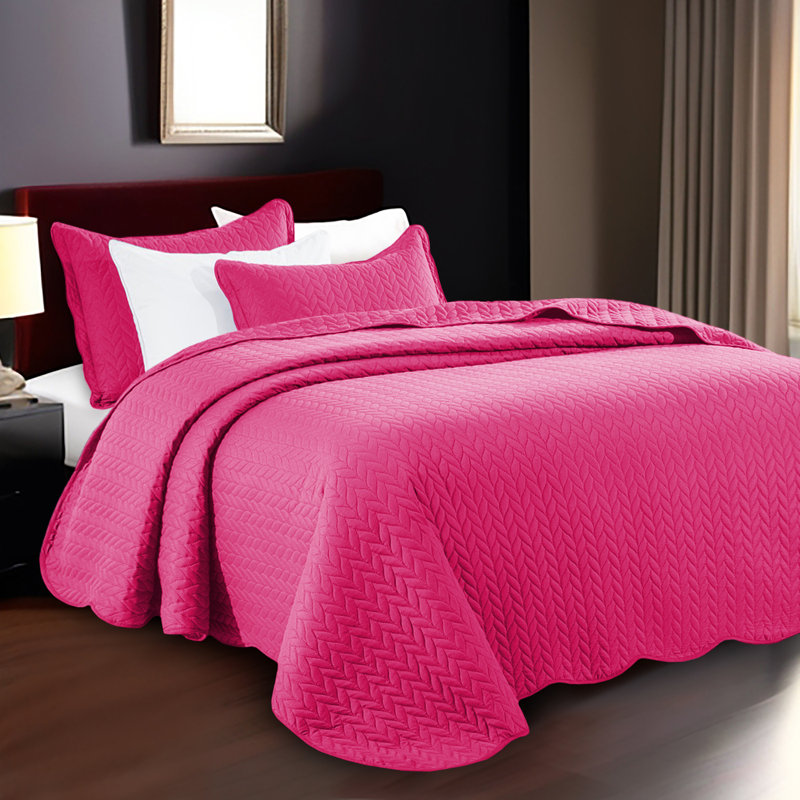 Microfiber Embossed Oversized Modern & Contemporary Bedspread Set With Shams, King Bedspread + 2 Pillowcases, Pink