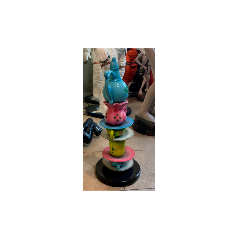 Mychele Small Stacked Teapot Table Top Statue, Blue/Pink/Green