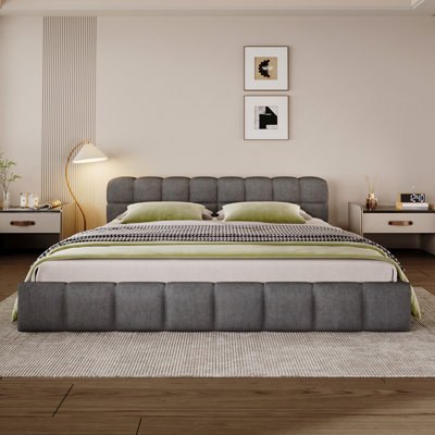 Elegant Chenille Upholstered Bed With Checkerboard Design
