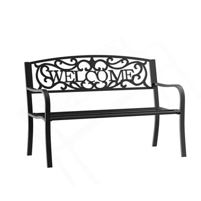 Outsunny 50" Outdoor Metal Welcome Bench, Garden Bench With Slatted Seat, Patio Bench For Park, Porch, Yard, Entryway, Black