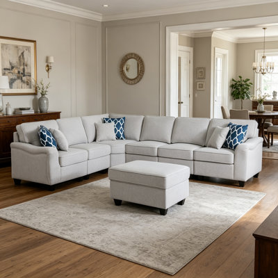 Leo 125" Light Gray Linen 7Pc Modular L-Shape Sectional Sofa And Ottoman