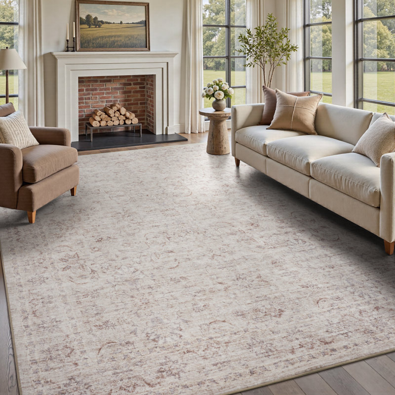 Soft Beige Vintage Floral Washable Area Rug With Non-Slip Backing For Living Rooms, Bedrooms, Rectangle 8' x 10', Beige