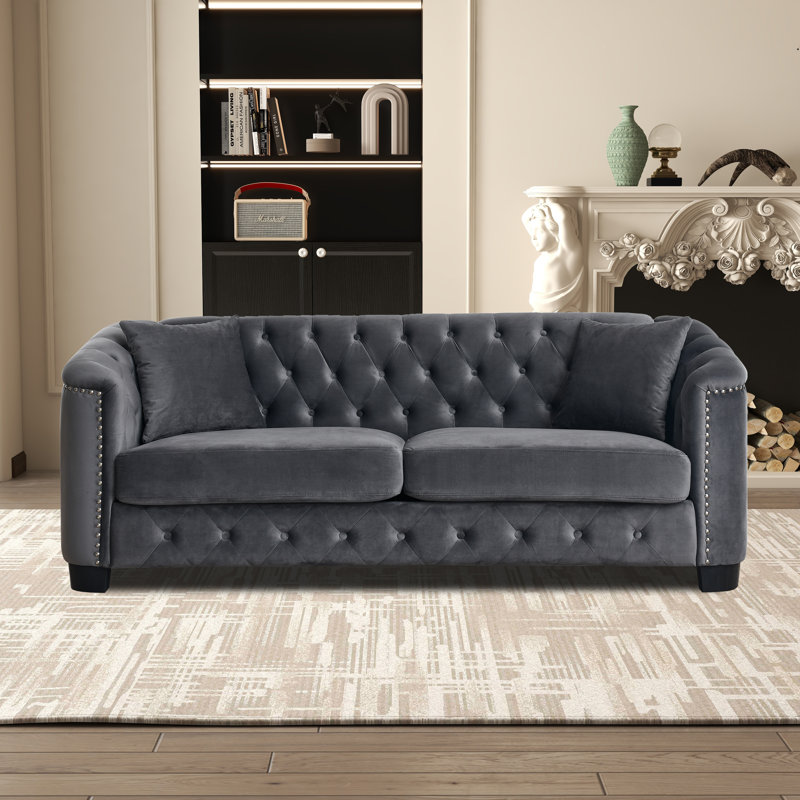 Canapé Chesterfield avec accoudoirs rembourrés en velours capitonné 3 places Chesterfield, Gris