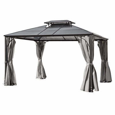 Pavillon de jardin à toit rigide 10 pi x 12 pi à double toit avec murs latéraux à double couche, moustiquaire et rideaux d'intimité