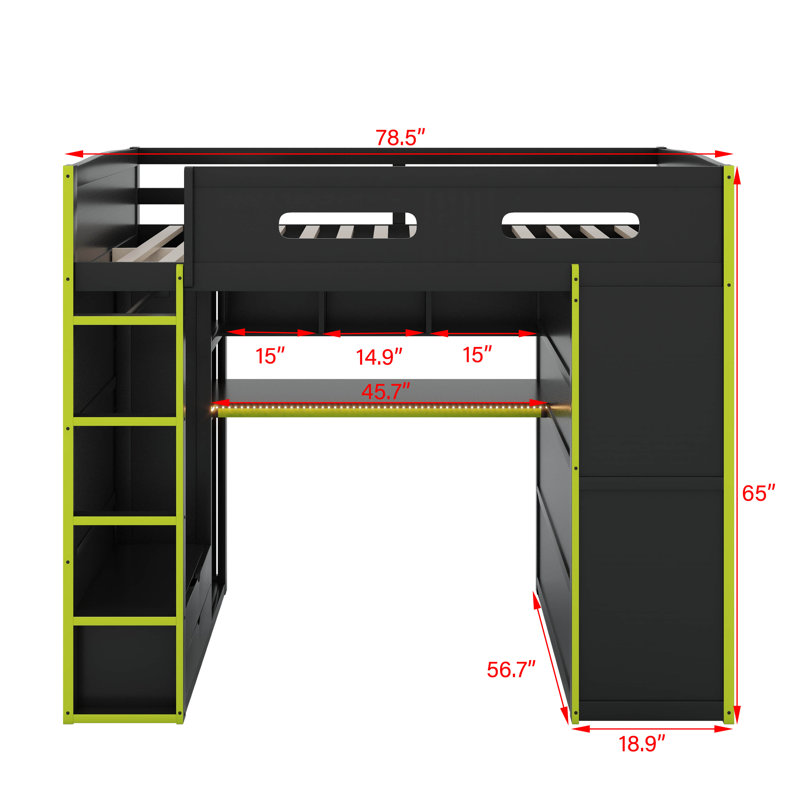 Full Size Wood Loft Bed With Desk,Wardrobe,Ample Storage Space,And RGB LED Light, Green