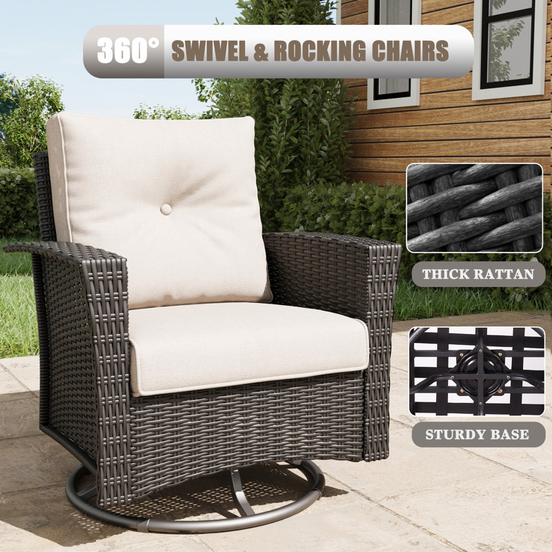 Lark Manor™ 7 Piece Wicker Patio Furniture Set with Fire Pit Table, Classis Outdoor Conversation 360 Degree Swivel Chairs Set with Coffee Table