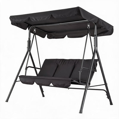 3-Seat Outdoor Patio Swing Chair with Adjustable Canopy, Heavy Duty Steel Frame, Waterproof Cushions, 500 lbs Capacity, Rust-Resistant for Garden, Poolside - Green Stripes-zy