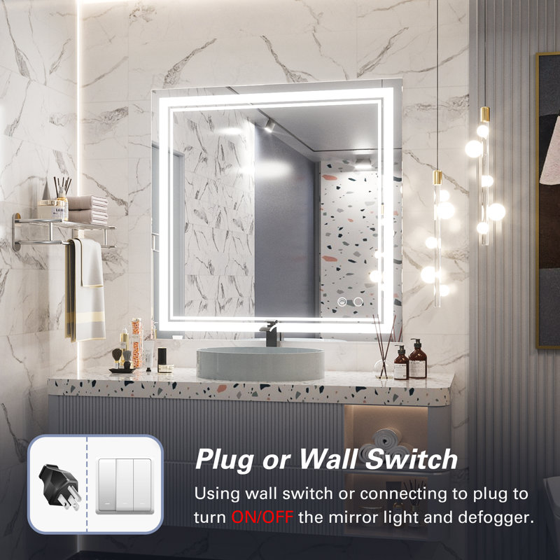 Adorna Frameless LED Lighted Bathroom / Vanity Mirror with Brightness Adjustable, Memory Function, Anti-fog, 36" x 36"