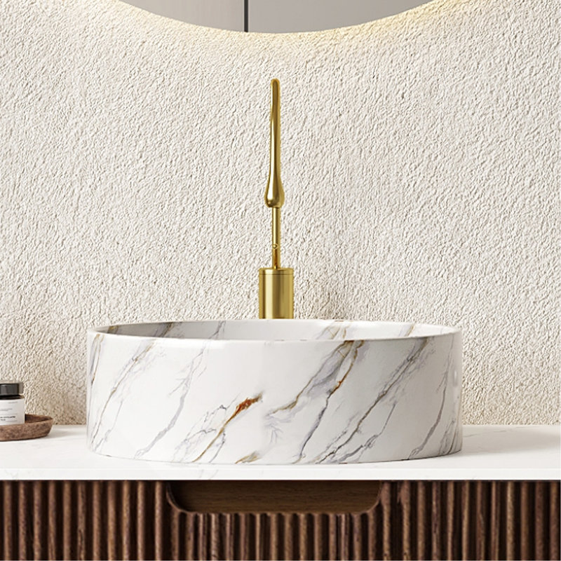 14"Bathroom Round Ceramic Sink With Stone Pattern, No Faucet, Matte White, Matte White