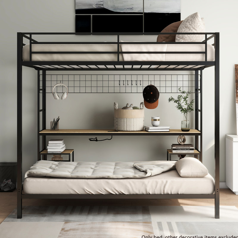Lit superposé en métal avec tablettes de rangement, station de charge et design pour les adolescents, aucun espace requis pour le sommier tapissier - bureau d'économie, ports, chambres d'invités en treillis métallique
