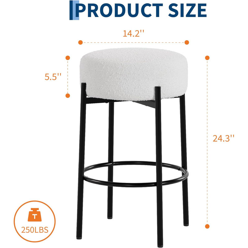 Ensemble de 2 tabourets de bar ronds modernes sans dossier de 24 po en sherpa avec repose-pieds pour îlot de cuisine, comptoir et cafés