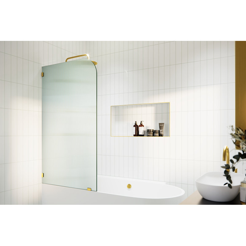 Aurora 34 in. x 58.25 in. Frameless Fluted Radius Single Fixed Bath Panel, Left Hand, Satin Brass, null