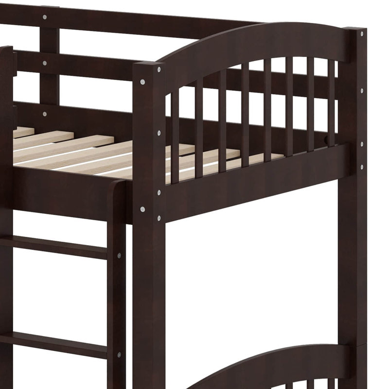 Lit superposé simple au-dessus de simple en bois massif avec lit gigogne, 3 tiroirs et échelle intégrée, Espresso