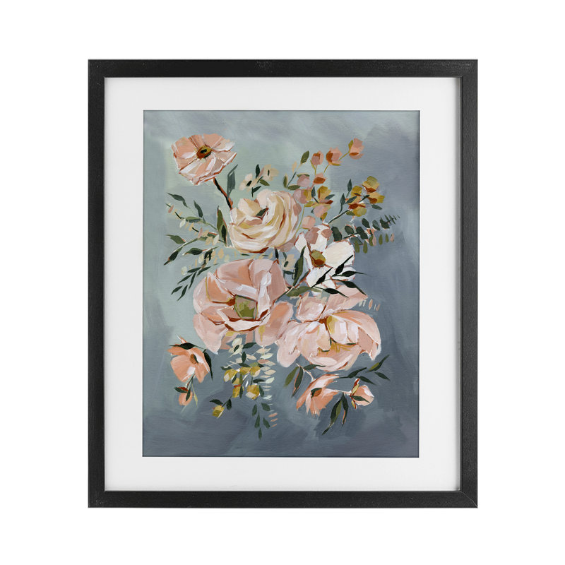 «Brushed Roses on Blue», impression par Annie Quigley, H 16 po x l 13 po, Cadre noir minuit