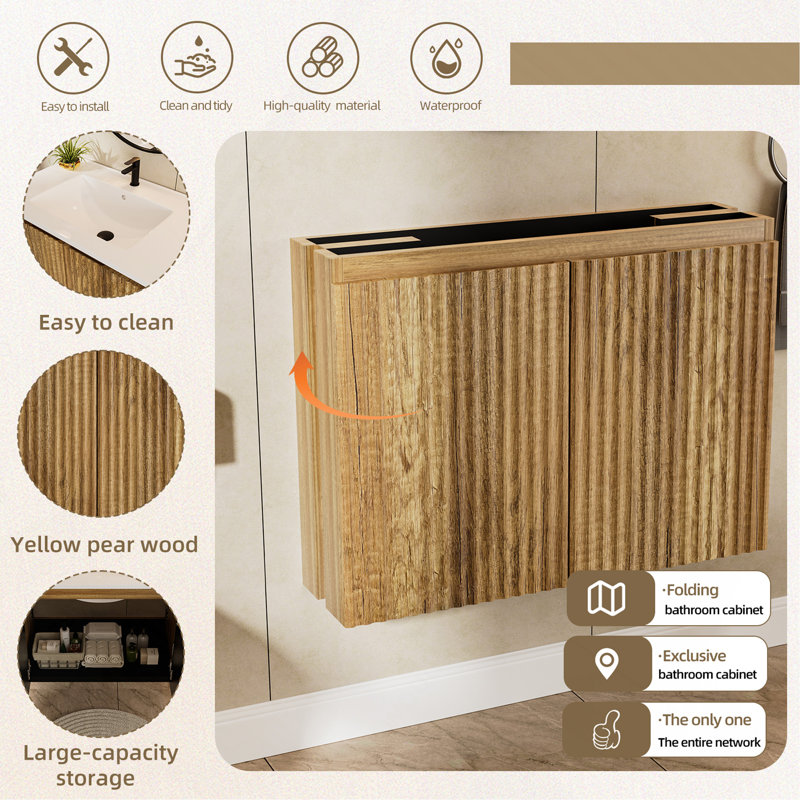 30inch Oak Folding Wall Cabinet With Creamic Sink– Patented 1-Minute Install, Space-Saving & Easy Assemble,Modern style