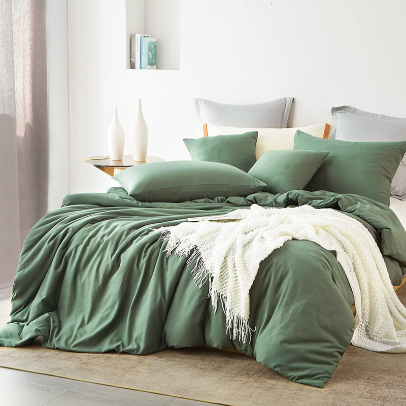 Nayoroom Washed Cotton Plain Breathable Simple and stylish Duvet Cover Set, Gray, Queen Duvet Cover + 2 Standard Pillowcases