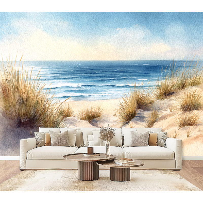Papier peint adhésif côtier Scène côtière pastel Rolling Dunes Sea Grass Wallals, L 96 po x l 69 po