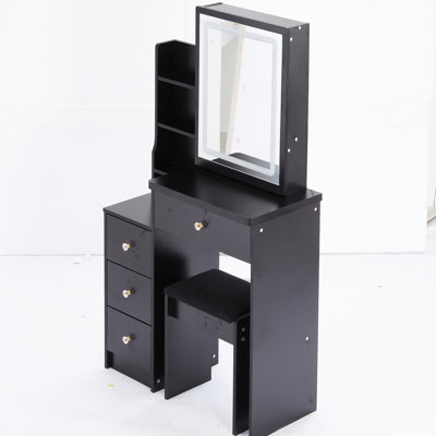 Table de coiffeuse de gauche avec tabouret moelleux, réglage de la couleur et de la luminosité du miroir à DEL tactile, noir, miroir à commande tactile de petite taille American Design, réglable, rembourré