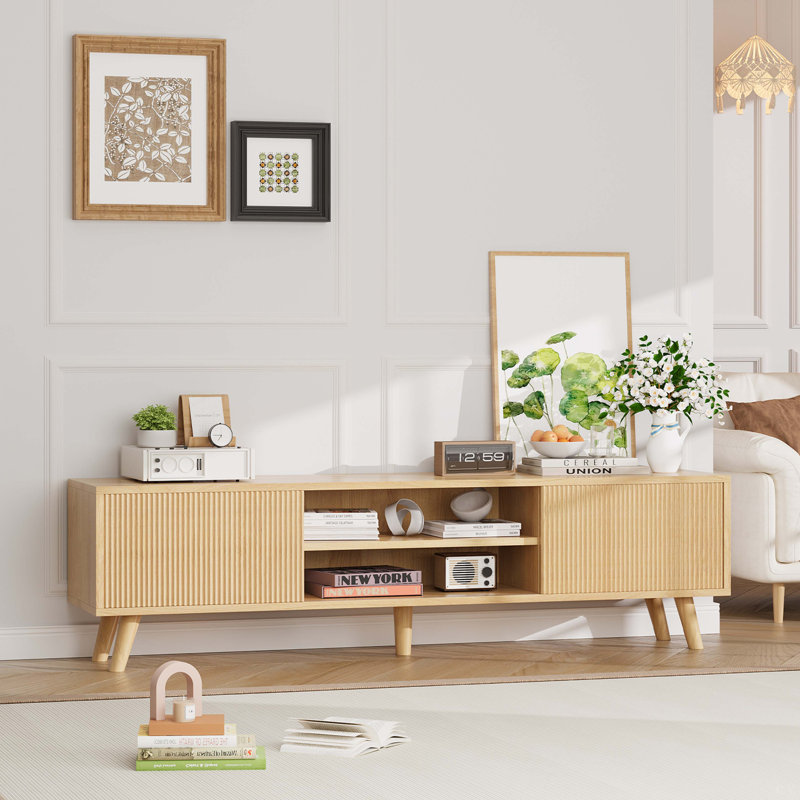 Fluted TV Stand With Storage For Living Room, Oak