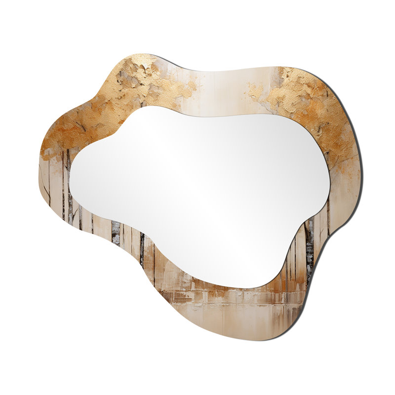 Minimalisme beige et doré forêt - miroir mural décoratif nuage forêt, miroir asymétrique traditionnel, impression d'art en métal