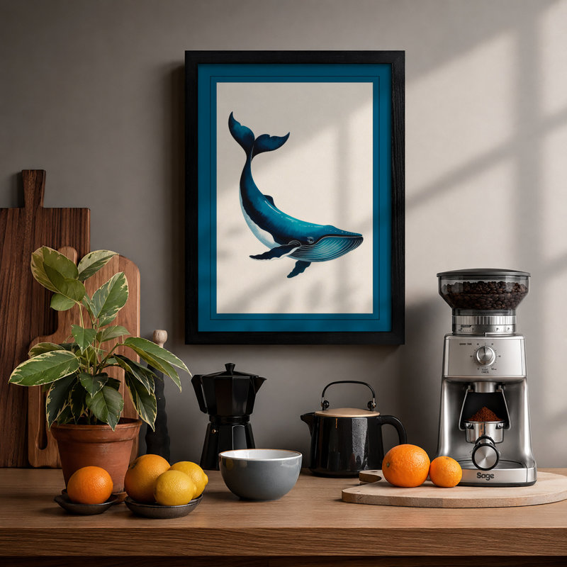 Drifting Whale Coastal - Framed Print, Black, A4 - 29.7 x 21.0 cm