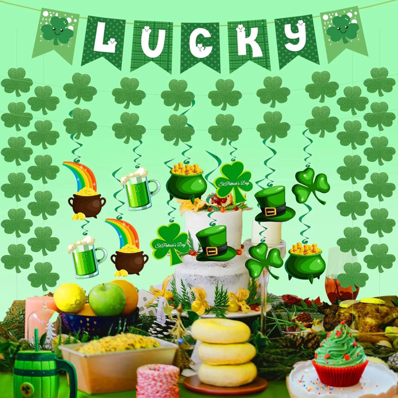 31 pièces de décorations de la Saint-Patrick pré-assemblées, Shamrock Lucky Banner Guirlande Clover Hanging Swirls