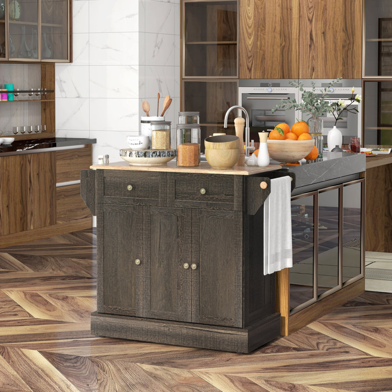Brown Butcher Block Kitchen Cart with Triple Storage Cabinets